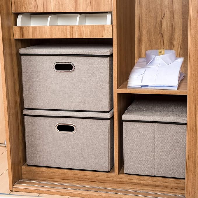 PRANDOM Extra Large Collapsible Storage Bins with Lids [5-Pack] Linen Fabric Foldable Storage Baskets Boxes Organizer Containers Cube with Cover for Bedroom Closet Office Nursery (22.8x15.75x13.8)-Ruum Studio Home