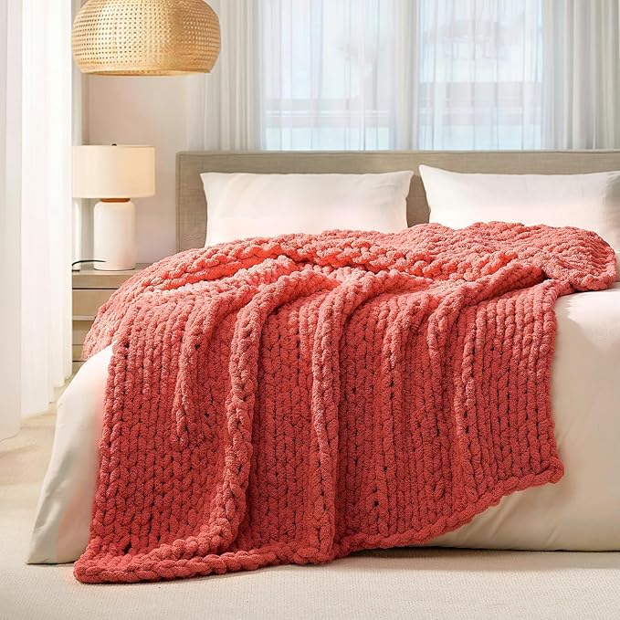 L'AGRATY Chunky Knit Blanket Throw: 50''x60'' Chenille Chunky Knitted Throw Blankets for Bed Couch - Handmade Thick Cable Knit Blanket - Large Crochet Rope Blankets for Home Decor(Coral Pink)-Ruum Studio Home