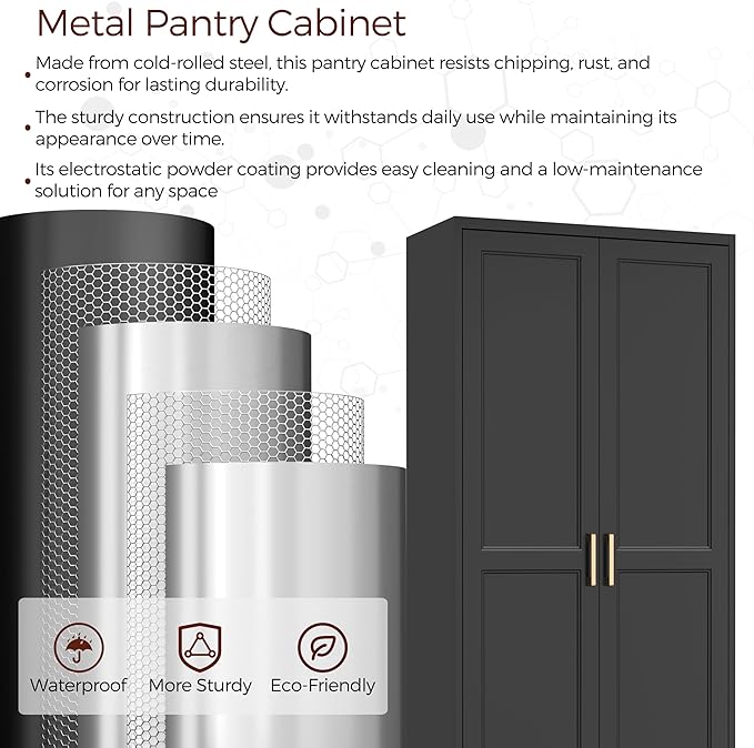 71" Tall Metal Pantry Cabinet, Black Kitchen Pantry Storage Cabinet with 4 Adjustable Shelves and Gold Handles, Cupboard for Kitchen, Dining Room, Living Room, Bathroom-Ruum Studio Home