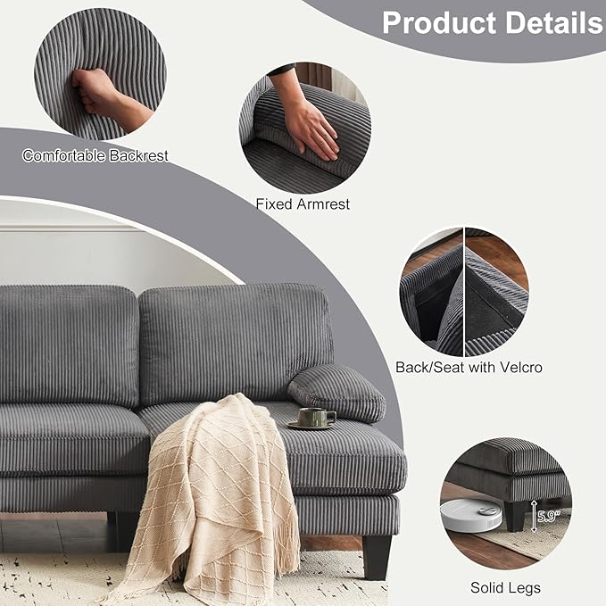 Karl home U-Shape Sectional Sofa Couch 111" Modern 4-Seat Sofa with Chaises Corduroy Fabric Upholstered Covertible Couch with Wood Grain Legs for Living Room, Reception Room, Apartment, Dark Gray-Ruum Studio Home