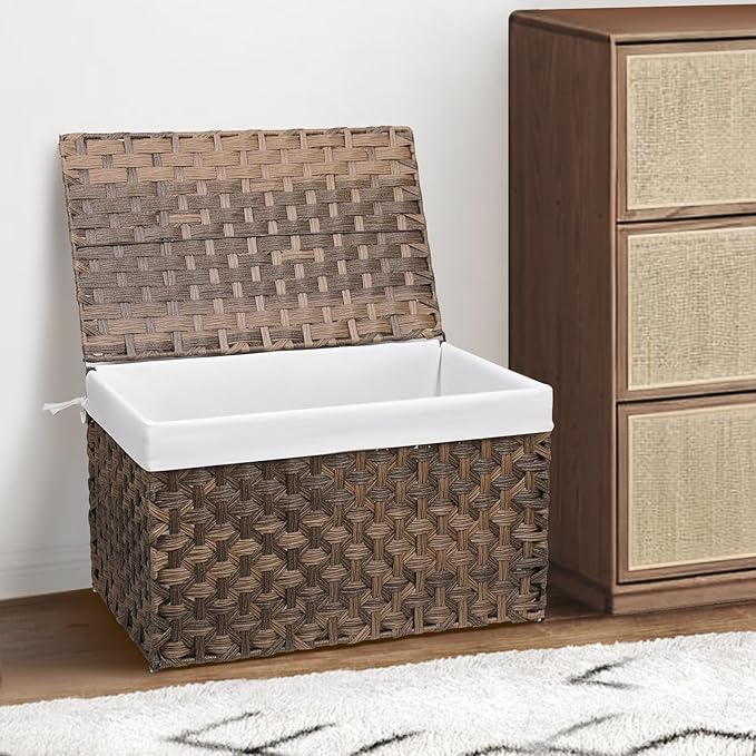 Wicker Storage Basket with Lid, 42.3 Gallon (160L) Large Blanket Basket with Lid, Woven Storage Bin with Handles, Removable Liner, Metal Frame, Foldable, for Bedroom, Laundry Room, Brown-Ruum Studio Home
