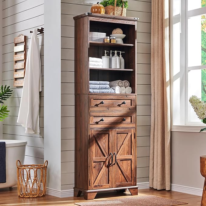 72" Tall Bathroom Storage Cabinet, Farmhouse Storage Cabinet with Adjustable Shelves, Barn Door & 2 Drawers, Cabinet for Bathroom, Living Room & Kitchen, Brown-Ruum Studio Home