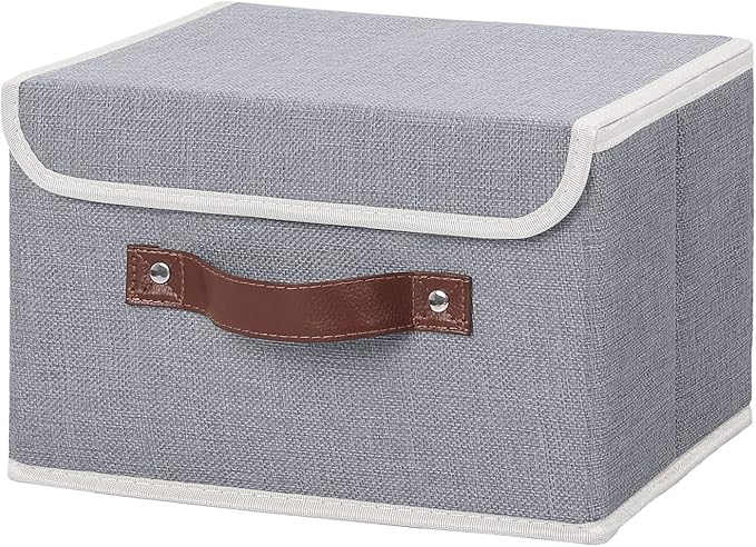 ANMINY Storage Bin with Lid Storage Boxes with PU Leather Handles PP Plastic Board Decorative Foldable Lidded Cotton Linen Fabric Home Cubes Baskets Closet Organizer Container - Gray, Small Size-Ruum Studio Home