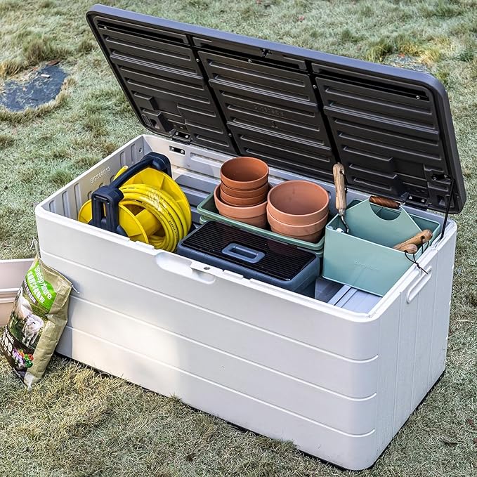 100 Gallon Outdoor Storage Box Waterproof Lockable Resin Deck Box Large, Patio Storage Bin for Pool Accessories Cushion Furniture, Garden Tools, UV-Resistant Outside Delivery Black&White-Ruum Studio Home