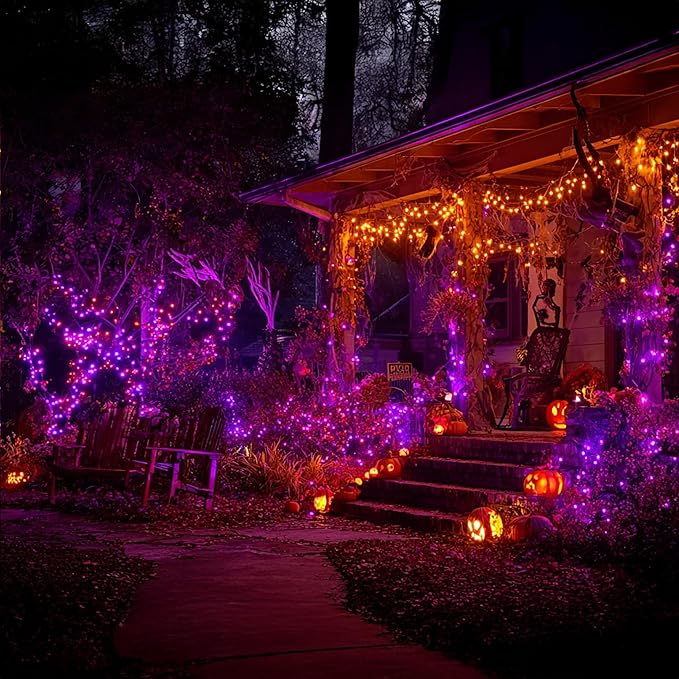 Dazzle Bright Halloween String Lights, 600 LED 196 FT Waterproof Black Wire String Lights with 8 Lighting Modes, Halloween Decorations Outdoor for Party Yard Garden Decor, Purple and Orange-Ruum Studio Home