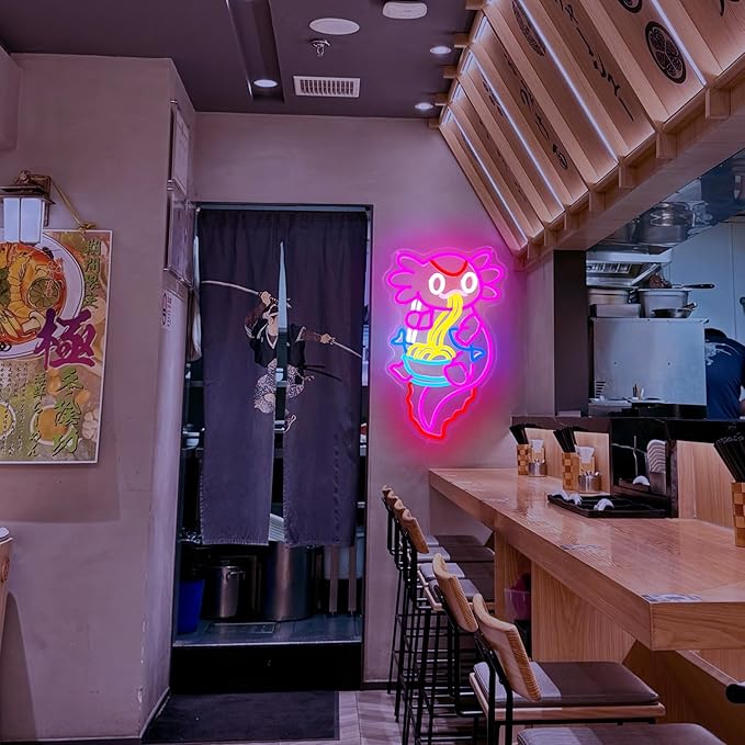 Axolotl Ramen Neon Sign for Wall Decor Dimmable Axolotl Eating Noodles LED Neon Light Cut Japanese Neon Sign Anime Neon Signs for Japan Restaurant, Home Wall Art and Kitchen Decor(15.7 * 9.7inch)-Ruum Studio Home