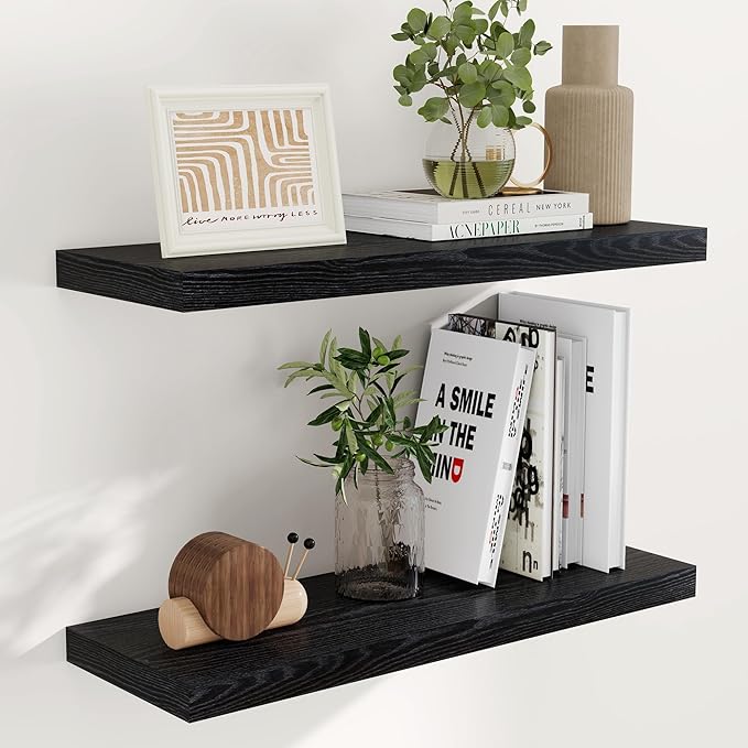 Fun Memories Black Floating Shelves 32 Inch Long, 9 Inch Deep Floating Bookshelf Wall Mounted, Farmhouse Wood Shelves White for Bathroom, Living Room, Bedroom, Home Decor Deep Shelf for Wall Set of 2-Ruum Studio Home