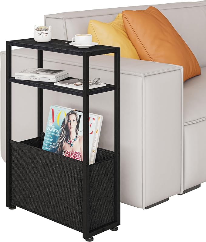 Black Side Table, Slim Side Table with Magazine Rack, Bathroom Table for Small Spaces, Narrow Bedside Table for Living Room, Bedroom-Ruum Studio Home