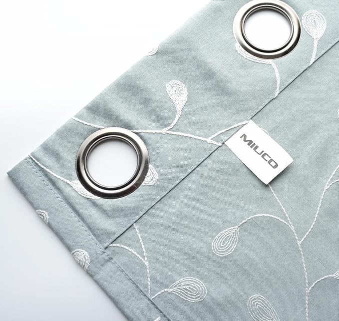 MIUCO Floral Embroidery Semi Sheer Curtains Faux Linen Grommet Curtains for Living Room 52 x 84 Inch 2 Panels Set, Sea Foam-Ruum Studio Home