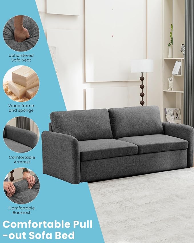 Queen Size Pull Out Sofa Bed, Convertible Sleeper Sofa Couch with Pullout Bed, 2 in 1 Sofa Bed Couch with Memory Foam Mattress for Living Room Office, Space-Saving, Dark Grey-Ruum Studio Home
