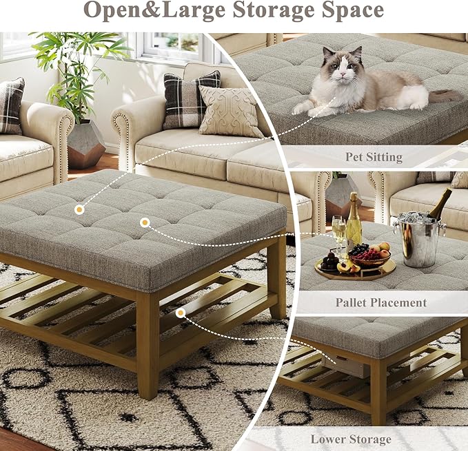 Large Square Ottoman Coffee Table, Linen Solid Upholstered Footrest Ottoman with Solid Wood Shelf Storage Tufted Coffee Table for Bedroom Living Room, Linen-Ruum Studio Home