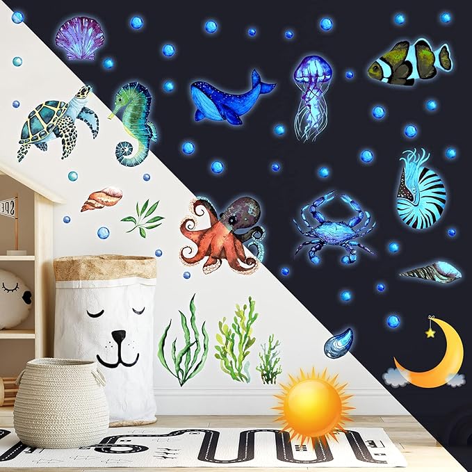 52 Pcs Ocean Fish Wall Decals Glow in The Dark Under The Sea Wall Decals Sea Animals Stickers Removable Waterproof Peel and Stick for Kids Bathroom Watercolor Ocean Decor(Funny Style)-Ruum Studio Home
