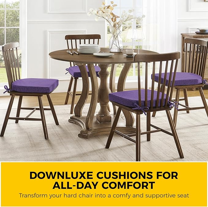 downluxe Indoor Chair Cushions for Dining Chairs, Soft and Comfortable Textured Foam Kitchen Chair Pads with Ties and Non-Slip Backing, 16" x 16" x 2", Purple, 4 Pack-Ruum Studio Home
