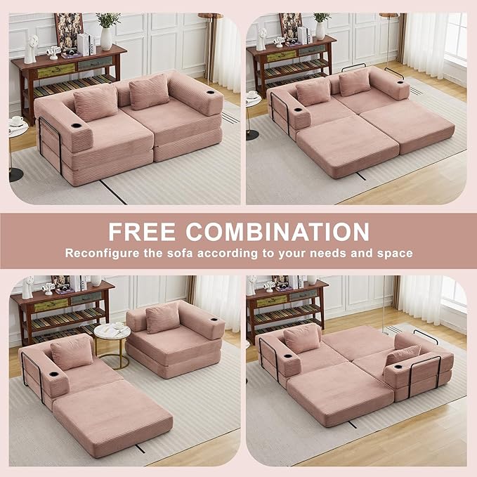 78" W Loveseat Sofa, 4 in 1 Convertible Floor Sofa Bed, Boneless Cloud Couch with Cup Holder, Fold Out Floor Couch, Loveseat Recliner Sleeper for Living Room Bedroom Lounge(Corduroy, White)-Ruum Studio Home