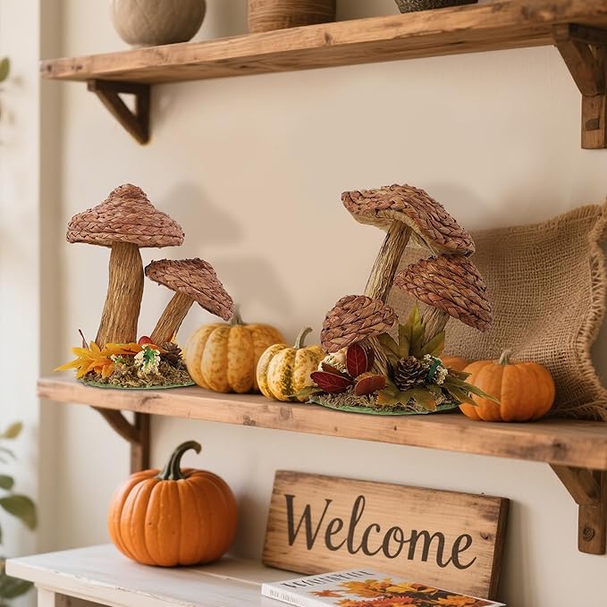 winemana 2 Pack Mushroom Fall Decor - Handmade Woven Mushrooms Figurines, Rustic Farmhouse Table Centerpieces for Thanksgiving, Autumn Home, Shelf & Kitchen Decor-Ruum Studio Home
