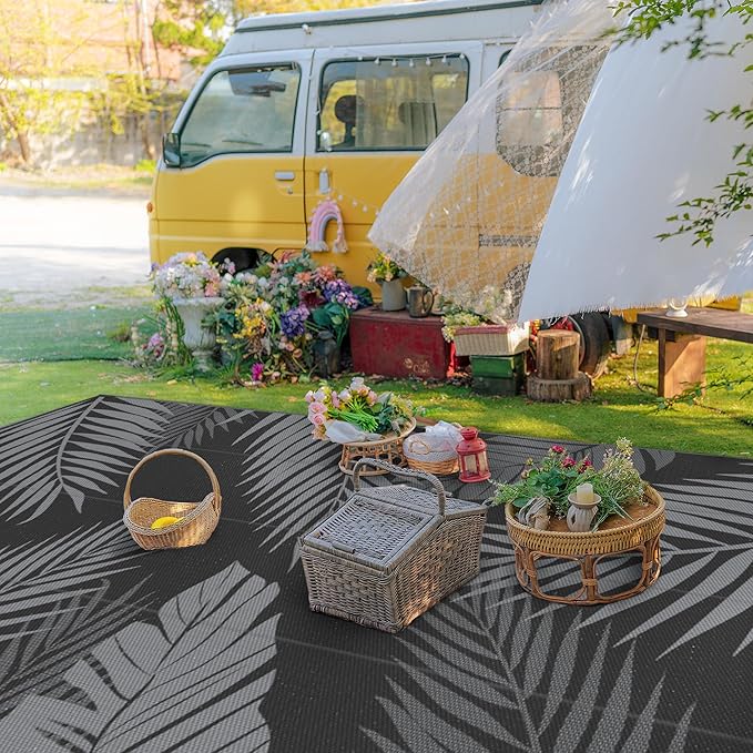 GENIMO Outdoor Rug 10' x 14' Waterproof for Patios Clearance, Reversible Outdoor Plastic Straw Camping Rug Carpet, Large Area Rugs Mats for RV, Camper, Deck, Balcony, Porch, Beach, Picnic, Black&Grey-Ruum Studio Home