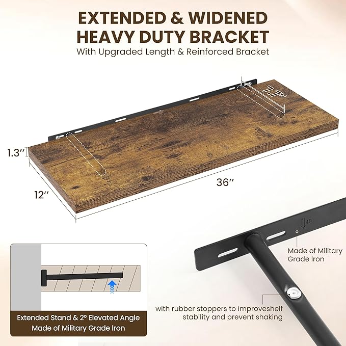 36" Floating Shelves for Wall, 12" Deep Slim Rustic Brown Floating Shelves, Wall-Mounted Shelves for Bedroom, Living Room, Kitchen, Bathroom - Set of 2-Ruum Studio Home