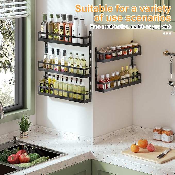 X-cosrack 5-Tier Small Wall-Mounted Spice Rack Organizer, Height-Adjustable, Space-Saving Compact Design for Kitchen Pantry Cabinet, Black-Ruum Studio Home