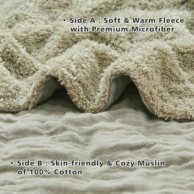 EMME Muslin and Fleece Queen Blanket Reversible - 80"*90" Sage Green Soft Warm Throw Blankets for Couch Bed Picnic Travel Bed-Ruum Studio Home