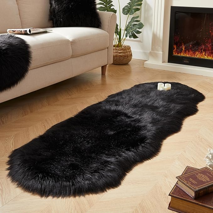 AMTOVO Faux Sheepskin Rug, Black Ultra Soft Fluffy Shag Area Rug, 2 x 6 ft Faux Fur Rug for Bedroom Sofa Throw Cushion Room Decor, Sheepskin-Ruum Studio Home