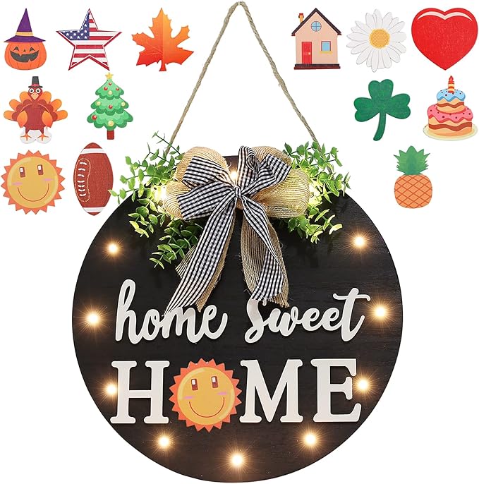 Interchangeable Welcome Sign for Front Door with 14 Changeable Icons, Farmhouse Front Porch Decor Rustic Wooden Wall Sign with 12 LED Lights, Outdoor Seasonal Welcome Home Decorations (Black1)-Ruum Studio Home