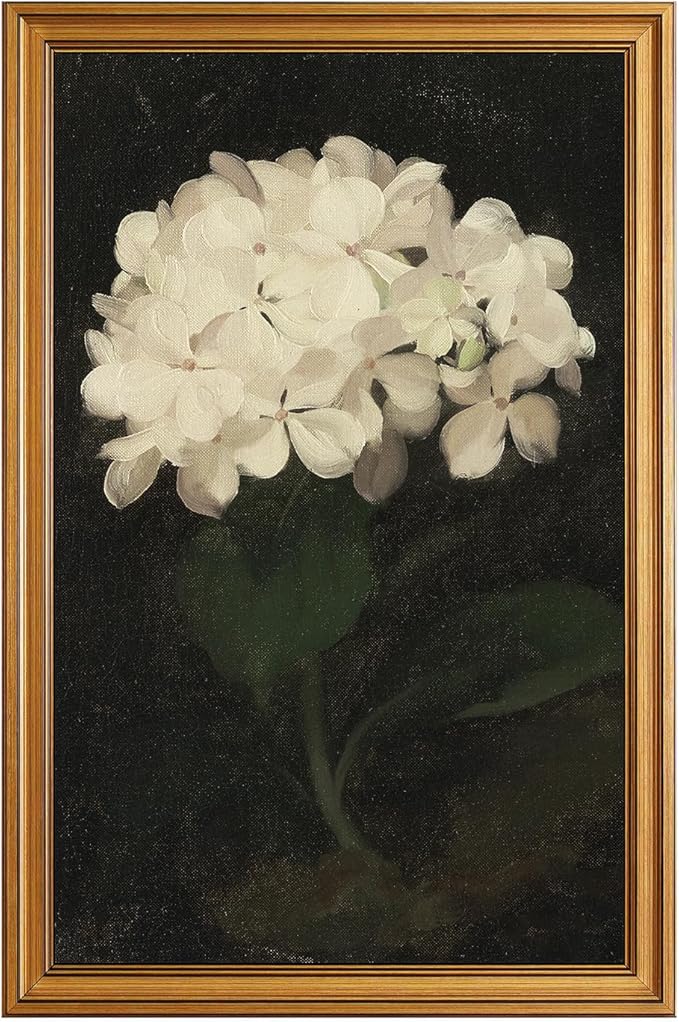 HUARCEY Gold Framed Vintage Wall Art for Living Room, Flowers Painting Canvas Prints Shelf Decor for Kitchen, Aesthetic Bedroom Wall Art, Christmas Gifts for Friends Family (White Hydrangea 16"x24")-Ruum Studio Home