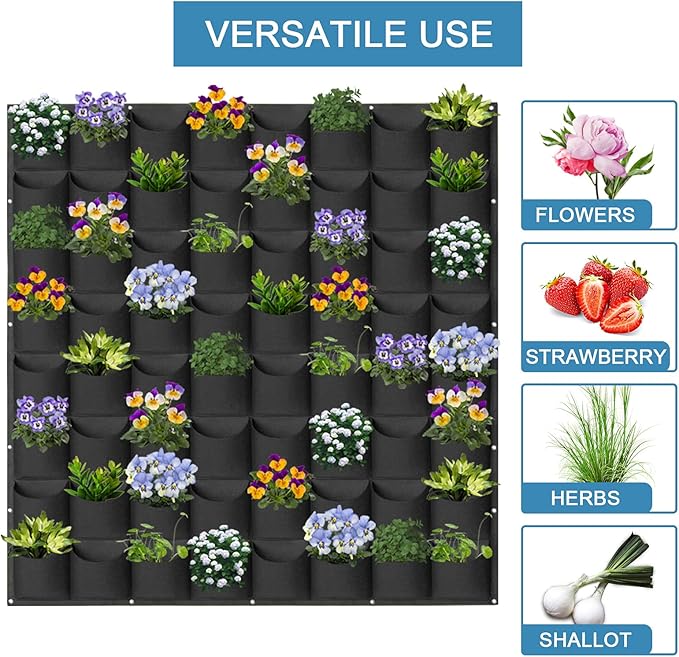 64 Pockets Hanging Planter Bags, Hanging Vertical Wall Mounted Plant Planting Grow Bags, Herb Garden Planter Outdoor Indoor Growing Bag, Gardening Vertical Greening Flower Container(1m×1m, Black)-Ruum Studio Home