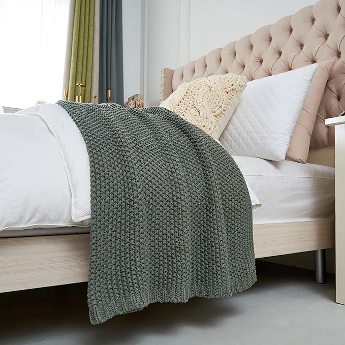 Longhui bedding Chunky Cable Knit Throw Blanket Lightweight Grey 100% Organic Cotton Blanket for Sofa Couch Bed Baby Nursery, Rustic Shabby Chic Modern Farmhouse, Gray 51” x 63” Give Laundering Bag-Ruum Studio Home