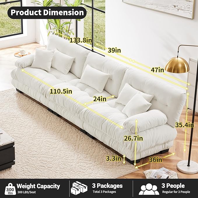 Modular Sectional Sofa Cloud Couch 3-Seater Deep Seat Sofa Couch, Oversized Couch Bed Sectional Couch with Round Bolster Armrests 5 Pillows, Modern Sofa Chair Comfy Couch(White)-Ruum Studio Home