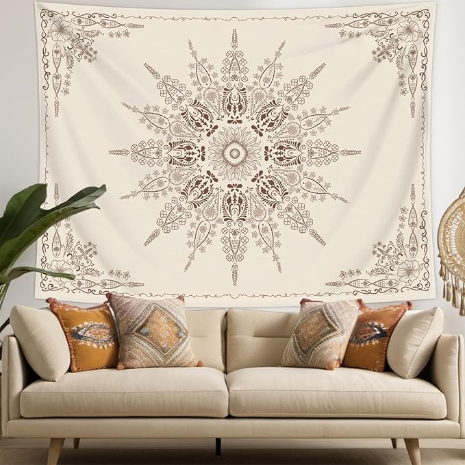 FORATER Floral Bohemian Tapestry, Flower Aesthetic Indian Wall Hanging Boho Tapestries Mandala Room Decor Tapestry for Bedroom Living Room Dorm (Flaxen, 82L x 61W)-Ruum Studio Home