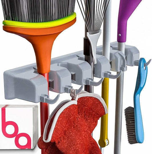 Berry Ave Broom Holder & Wall Mount Garden Tool Organizer- Kitchen, Closet, Garage & Laundry Room Storage With 5 Slots And 6 Hooks- Wall Holder For Broom, Rake & Mop Handles Up To 1.25” [Gray, 2 Pack]-Ruum Studio Home