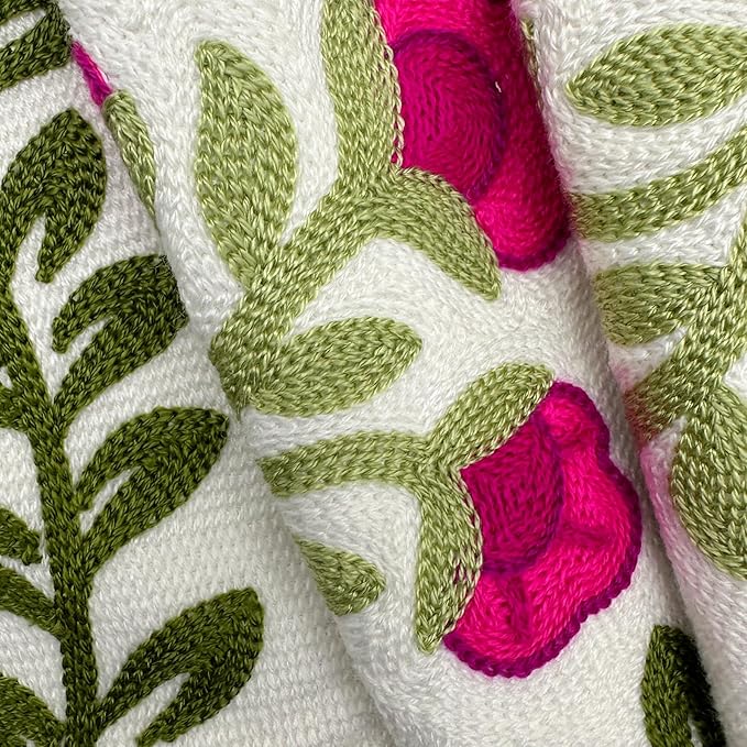 Alysheer Flower Embroidered Summer Decorative Lumbar Throw Pillow Cover 12"x 20", Farmhouse Cottage Hot Pink Floral Green Leaves Patterned Cotton Canvas Cushion Case for Sofa Couch Bed Living Room-Ruum Studio Home