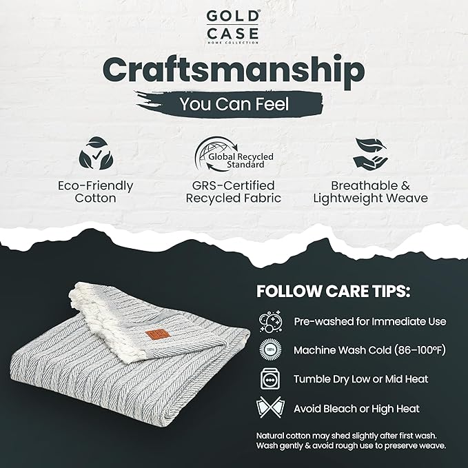 Gold Case Throw Blanket for Couch – 100% Recycled Turkish Cotton Blankets & Throws – Elegant Decorative Throw Blankets for Living Room Sofa – Woven Throws for Couch – Vintage Grey– 60x80-Ruum Studio Home