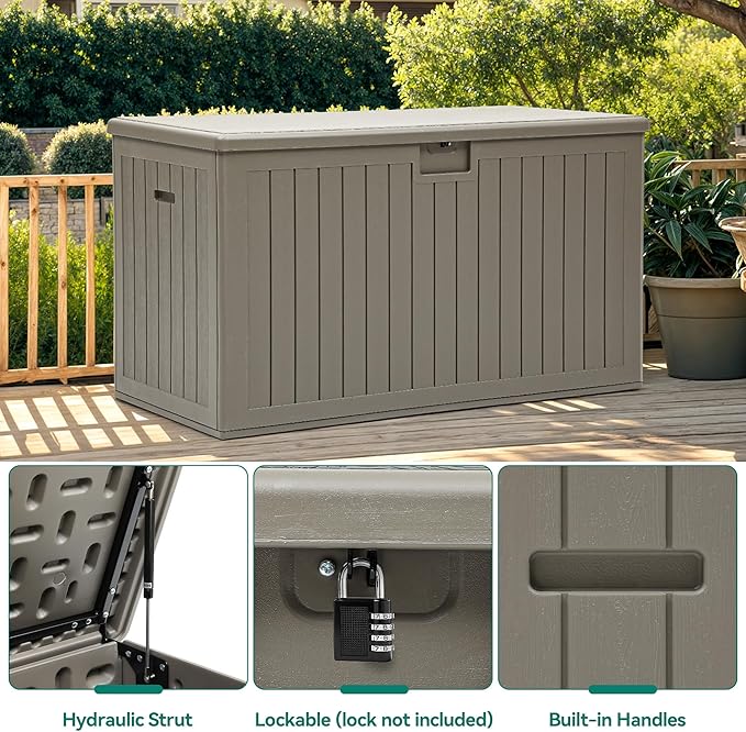 YITAHOME 200 Gallon Extra Large Deck Box, Double-Wall Resin Outdoor Storage Box with Flexible Divider for Patio Cushions Pool Supplies Garden Tools, 990 lbs Load Capacity, Lockable (Light Brown)-Ruum Studio Home