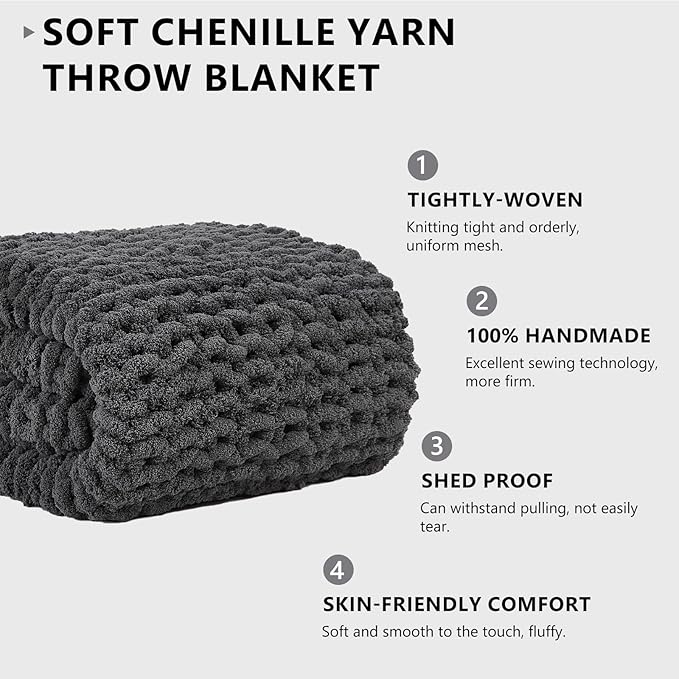 L'AGRATY Chunky Knit Blanket Throw - Soft Throw Blanket 60x80: 100% Hand Kintted Chenile Crochet Throw Blanket for Couch - Large Cable Knit Blanket for Home Decor(Dark Grey)-Ruum Studio Home