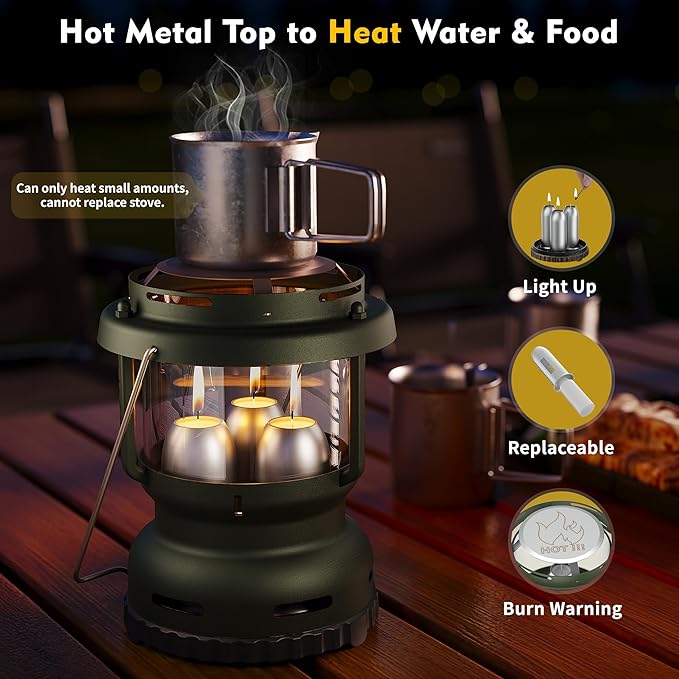 3-Wick Emergency Candle Lantern for Power Outages [18H+ Burning Time] Vintage Decorative Candle Lantern for Real Candles, Outdoor Portable Camping Survival Lighting [7.1"*5.7" - Forest Green]-Ruum Studio Home