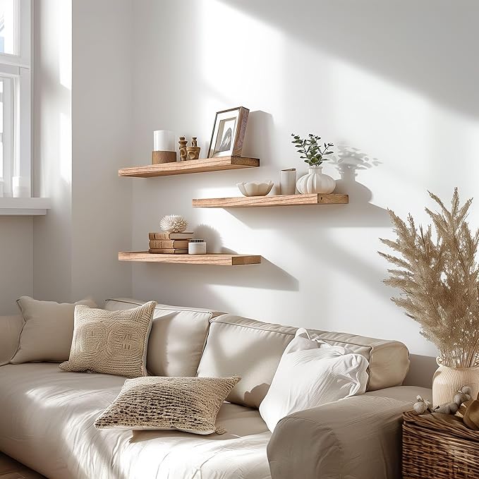 Wood Floating Shelves for Wall Decor, Rustic Wall Shelves for Bedroom Bathroom Kitchen Living Room, Set of 6 Light Walnut-Ruum Studio Home