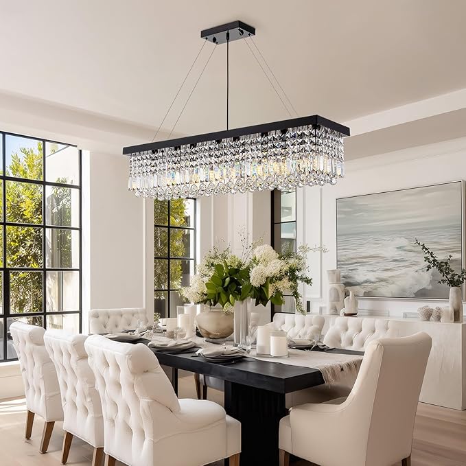 8 Light Modern Crystal Chandelier for Dining Room,Rectangular Rectangle Raindrop Crystal Light Fixture,Height Adjustable for Kitchen Island L40''xW10''xH10''-Ruum Studio Home