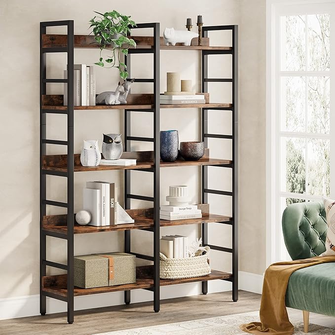 Tribesigns 5-Tier Industrial Bookshelf, 71”H x 47”W Etagere Bookcase, Freestanding Double Wide Book Shelf for Storage and Display, Wood and Metal Bookshelves for Living Room Home Office, Rustic Brown-Ruum Studio Home