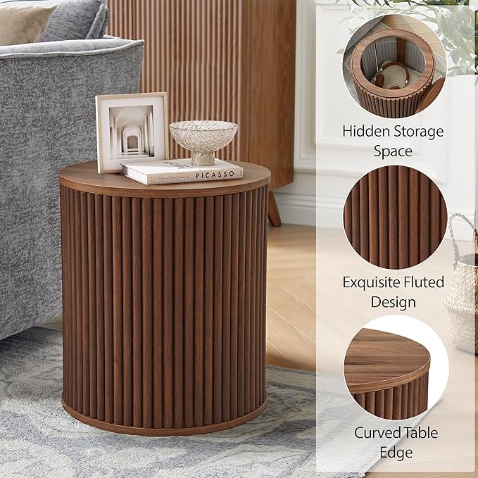 AVZEAR Small Round Side Table Fluted Night Stand Set of 2, Mid Century Modern End Table with Storage, Circle Bedside Tables Wood Nightstands for Small Spaces, Living Room, Bedroom (Walnut)-Ruum Studio Home
