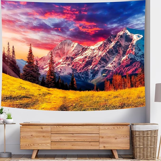 Delur Mountain Tapestry Sunset Forest Tree Nature Tapestry Wall Hanging Sunrise Psychedelic Scenic Landscape Headboard for Bedroom Living Room Home Decor (59.1" x 78.7")-Ruum Studio Home