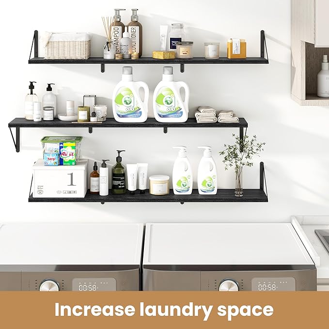 Heimlove 48 Inch Large Floating Bookshelves Set of 3,Black Wall Mounted Bookshelves,Heavy Duty Wooden Shelves for Living Room,Bedroom,Kitchen,Laundry Room Storage & Decor-Ruum Studio Home