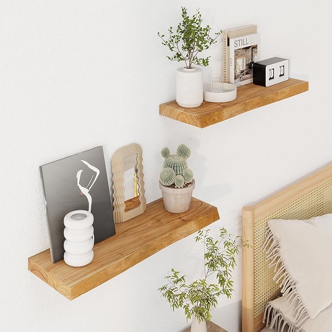 Axeman 24 inch Floating Shelves for Wall - 8'' D Live Edge Rustic Solid Elm Wood Floating Shelves Wall Mounted, Wall Shelves with Invisible Bracket for Living Room Bedroom Kitchen, Set of 2 Natural-Ruum Studio Home