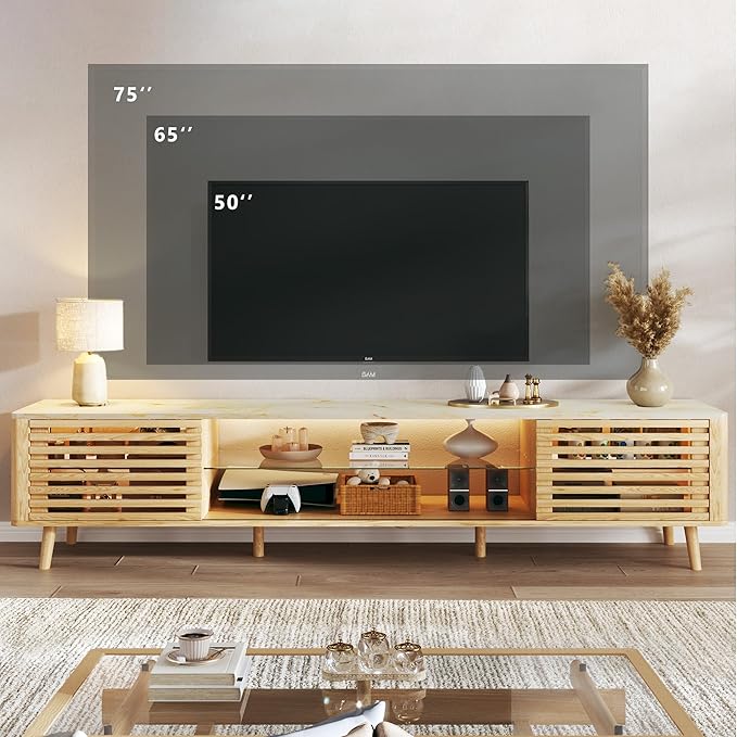 70" Mid Century Modern TV Stand for 55/65/75 Inch TV, Faux Marble Top Entertainment Center with Slatied Sliding Door & LED Lights, Low TV Console with Glass Shelves for Bedroom, Living Room-Ruum Studio Home