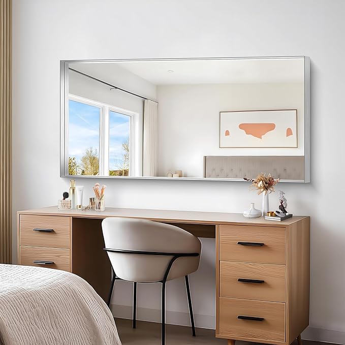 Silver Bathroom Mirror, 30x60 Inch Rectangular Deep Frame Mirror, Large Wall Mounted Bathroom Vanity Mirror Over Sink for Bedroom,Restroom, Living Room, Hangs Vertically or Horizontally-Ruum Studio Home