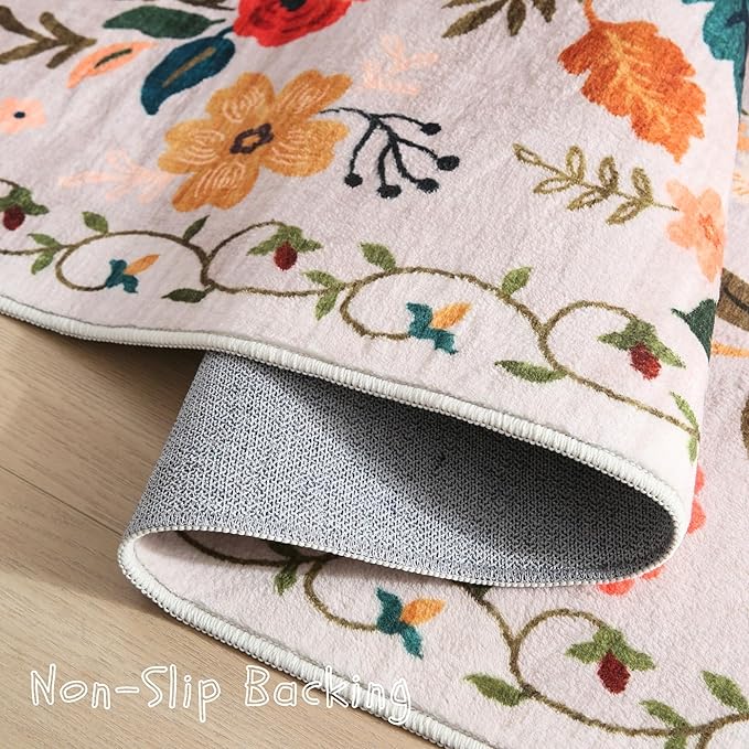 Living Room Rug 5x7 Rug Machine Washable Boho Area Rug Non Slip Floral Vintage Low Pile Large Rugs for Living Room, Bedroom, Farmhouse, Dining Room, Kids Playroom(Beige)-Ruum Studio Home