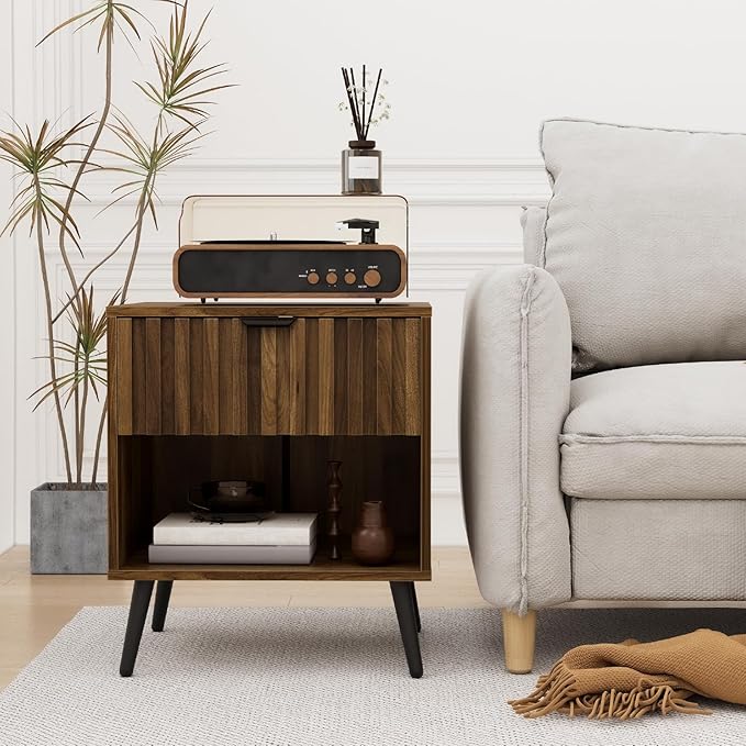 Smuxee Walnut Wooden Night Stand, Mid Century Nightstand with Fluted Drawer, Bedside Table with Open Shelf, Modern End Side Table for Bedroom-Ruum Studio Home