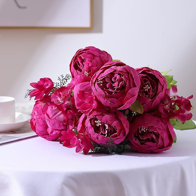Duovlo Springs Flowers Artificial Silk Peony Bouquets Wedding Home Decoration,Pack of 1 (Spring Hot Pink)-Ruum Studio Home