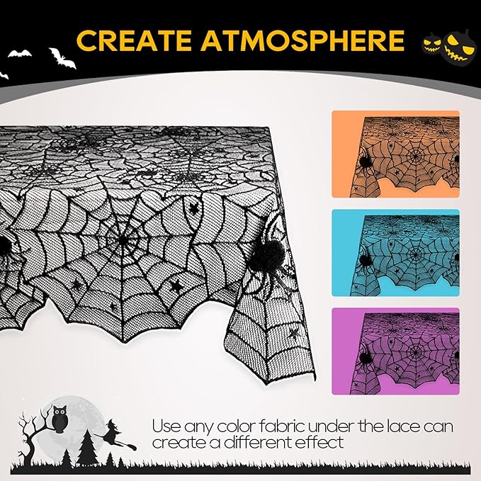 eZAKKA Halloween Table Cloth, 54" x 72" Spider Webs Tablecloths Black Tablecloth Lace Fabric Table Cloths Spooky Cover-Ruum Studio Home