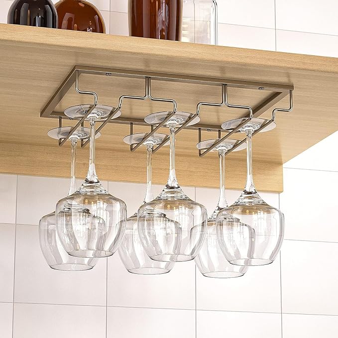 Wine Glass Rack - Under Cabinet Stemware Wine Glass Holder Glasses Storage Hanger 2 Pack Metal Organizer for Bar Kitchen Gold-Ruum Studio Home